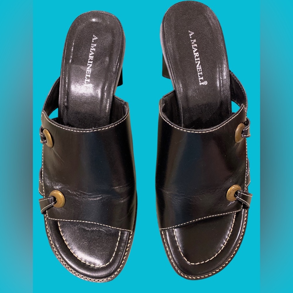 Black leather heeled sandals